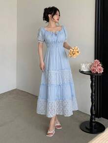 DAZY Đầm nữ thanh lịch phối ren, cổ vuông, viền bèo nhún, thắt eo, dài ngang gối, thích hợp cho mùa hè. - Màu xanh lam - Xem 5