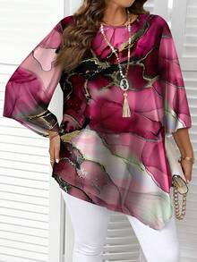 Camisa de manga larga con cuello redondo de talla grande con textura de patrón de mármol de tinta, adecuada para primavera y otoño - Multicolor - Ver 4