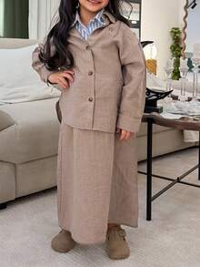 DAZY Young Girls Collared Long Sleeve Shirt With Bow Embroidery & Skirt Set, Fall Outfit - Khaki - View 3