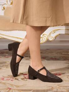 CUCCOO TILAWA Women's Fashion Rhinestone Decor, Suede Square Toe Loafer Shoes - Coffee Brown - View 5