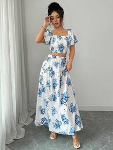 Elenzga Bộ đồ 2 món dành cho nữ mùa xuân/hè: Áo crop top cổ vuông tay bèo in hoa và chân váy chữ A cạp cao. - Xanh và trắng - Xem 4