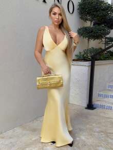 Cioccolato Sexy minimalistisches einfarbiges gelbes/cremefarbenes Maxikleid mit tiefem V-Ausschnitt, ärmellos und rückenfreiem Bindedetail, geeignet für Partys, Cocktails, formelle Anlässe, Brautjungfern, Geburtstage, Weihnachten, Business-Lässig - Hellgelb - Übersicht 6