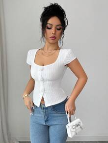 Elenzga Áo thun nữ cổ tròn tay ngắn dáng ôm, trang nhã, họa tiết hoa, thích hợp cho mùa xuân/hè. - trắng - Xem 5