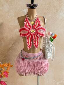 Soleia Women's Pink Floral Summer Boho Crochet Halter Neck Vest,Vacation Holiday Beach Cruise Music Festival Outfit,Retro Casual Crochet Top Party Luau - Pink - View 8