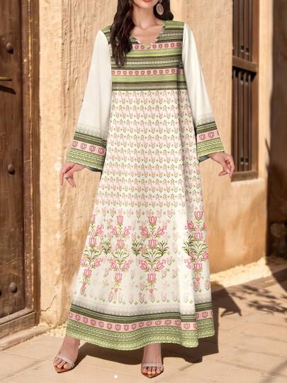 Al Najma Tulip & Striped Pattern Print V-Neck Long Sleeve Maxi Dress, Elegant Arabian Style Outfit, Spring/Summer
