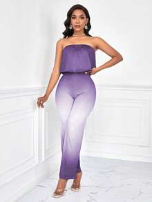 Chiquease 女士褶皱抹胸上衣和渐变喇叭裤休闲两件套 - 淡紫色 - 查看 3