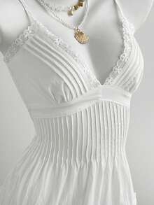 Elamini Sexy & Elegant Spaghetti Strap Deep V-Neck Lace Patchwork Cotton Mini Dress - White - View 5