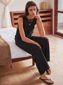 Lullawish Women Solid Color Backless Camisole And Pants Pajama Set - Black - View 4