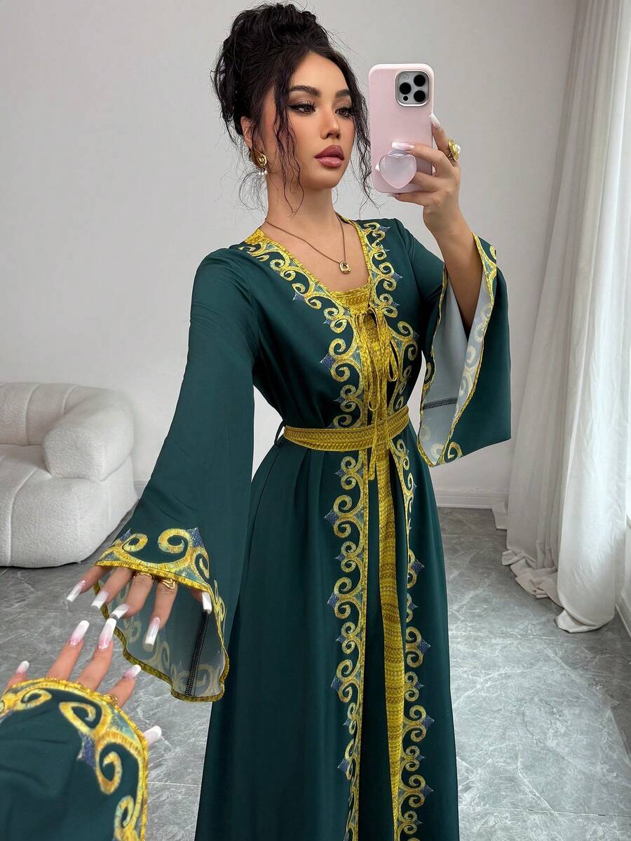 Elenzga Women's Elegant Floral Print 2 In 1 Dress, Suitable For Dates, Afternoon Tea, Graduation Ceremony, Vacation Wear - Green - View 1