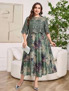 Reflora Đầm ren họa tiết hoa thanh lịch cỡ lớn, thích hợp cho mùa hè. - màu xanh lá - Xem 9