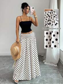 Elenzga 女士夏季新款通勤百搭宽松高腰优雅显瘦波点抽绳杏色半身裙 - 杏色 - 查看 1