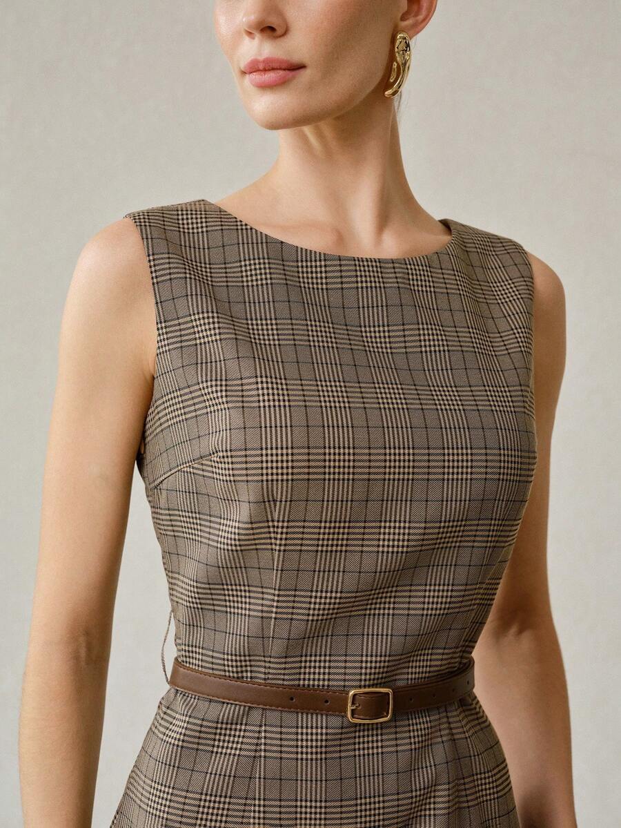 MOTF PREMIUM PLAID SLEEVELESS ELEGANT COMMUTER BELTED CASUAL SHORT DRESS - Coffee - View 2