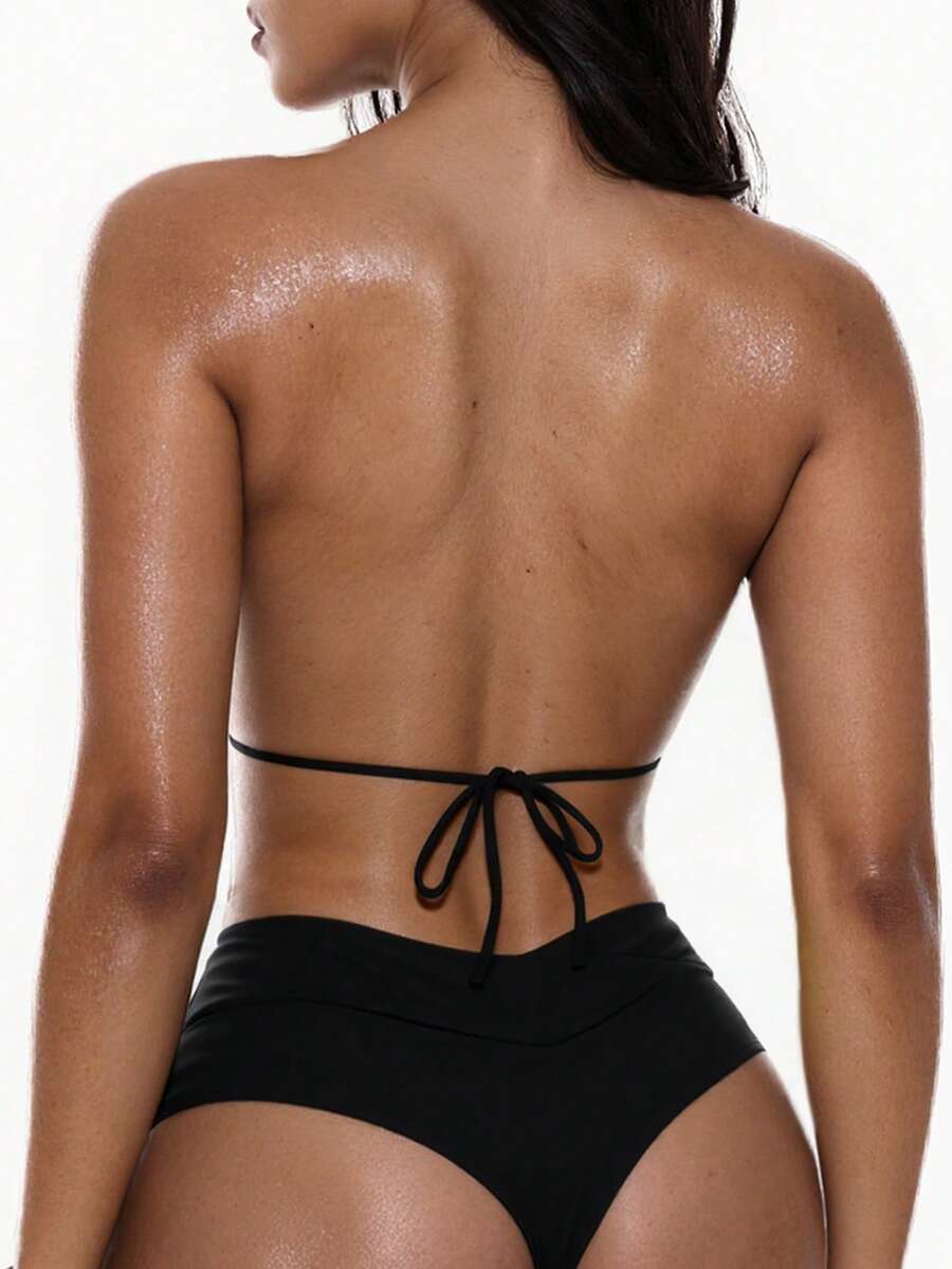 Oceva 1 bộ đồ bơi bikini cạp chéo gợi cảm màu trơn cho nữ - màu đen - Xem 1