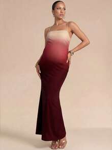 MaterniChic Vestido de tirantes ajustado con bajo de cola de pez degradado para maternidad - Rosa - Ver 3