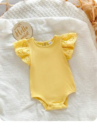 Newborn Baby Girl Cute Casual Yellow Cap Sleeve Knit Romper For Summer