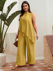 SHEIN LUNE Plus Size Casual Sleeveless 2 Pieces Set - Yellow - View 5