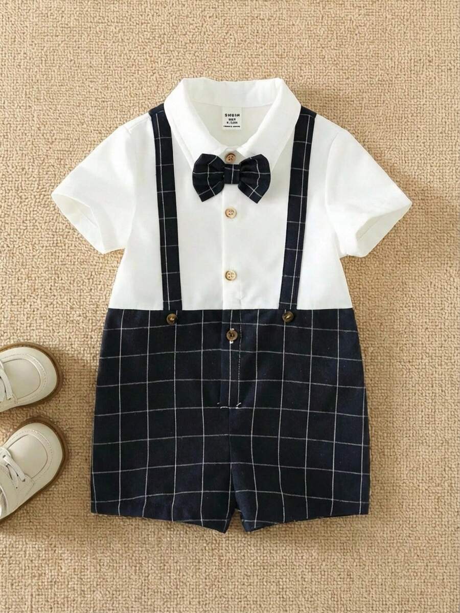SHEIN Baby BoyBaby Short Sleeve Romper With Bow Tie Boy Jumpsuit Shirt Handsome Gentleman Clothes - Multicolor - View 1