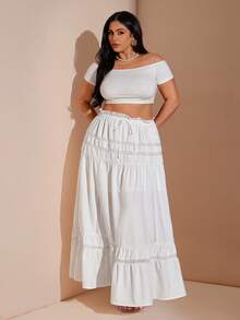 SHEIN BAE 大码女式白色蕾丝拼接A字裙，长裙，夏季，裙子，西部风女装，牛仔风女装，乡村音乐会风格女装，复活节女装，夏季，夏季，女装裙子，夏季女装，女装裙子，裤装裙，大码女装裙子，大码女装裙子，白色裙子 - 白色 - 查看 4