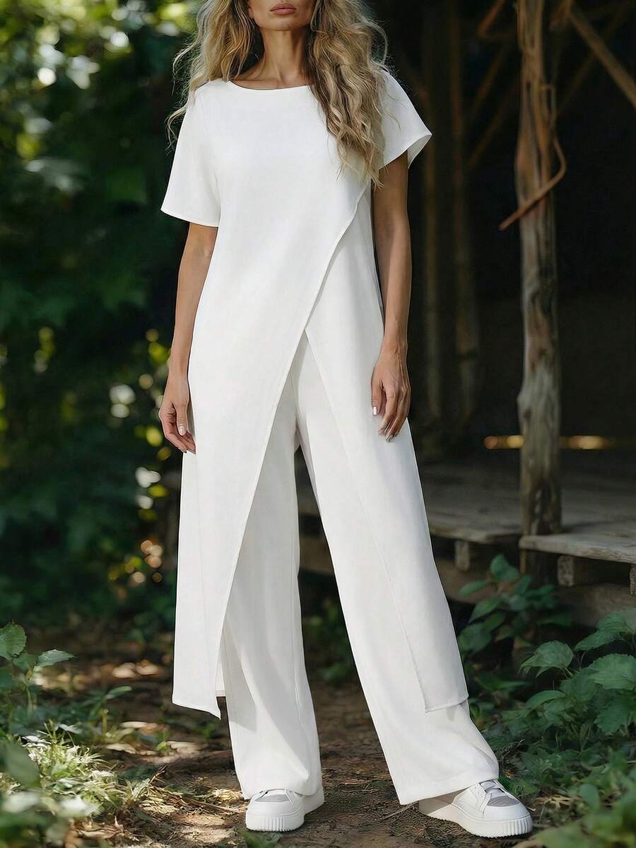 EMERY ROSE Women's Summer Casual Fashionable Asymmetrical Sleeve Wrap Split Maxi Top - White - View 1
