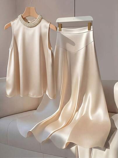 Franclia 女士春夏优雅纯色领珍珠装饰上衣和A字长裙两件套，缎面光泽面料两件套，时尚优雅珍珠装饰套装，时尚优雅休闲套装，春夏服装，女装，女士春夏套装