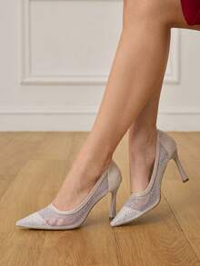 CUCCOO HITCHD 女士尖头高跟鞋，水钻装饰网布材质，时尚舒适，适合日常、派对、婚礼等场合的套脚高跟鞋 - 銀色 - 查看 6