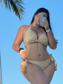 Swim SXY 2026 Spring/Summer Plus Size Mesh Metallic Printing Bikini Set,Yellow Beaded Boho Bathing Suits For Women,Gold Two Piece Beach Vacation Holiday - Gold - View 3