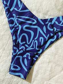 Swim Mod Conjunto de bikini de corte alto con estampado aleatorio y escote halter para mujer, primavera/verano - Multicolor - Ver 5