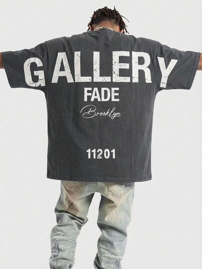 GALLERY FADE Men's Dark Grey Colorblock White Printed Round Neck Short Sleeve T-Shirt, Brooklyn Handwritten Print Pattern, "11201" Numeric Print