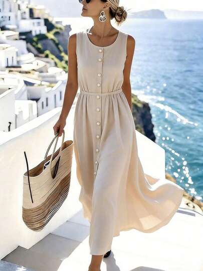 Breezaya Women's Summer New Arrivals: Simple Vest-Style Dress, Summer Dress, Women's Solid Khaki Dress, Women's Romantic Vacation Dress, Women's Elegant Vacation Dress, Solid Round Neck Dress, Women's Versatile Fashion Belt Button Dress, Elegant Casual Vest-Style Waist-Controlled A-Line Mid-Length Dress, Date/Courtly Style Guest Attire. Linen Dresses Coastal Dress Greece Vacation Outfit French Style Dress Women Vacation Dress Linen Maxi Dress Summer Elegant Dress Casual Sundress Beach Long Dress Elegant Summer Dress Maxi Casual Dress