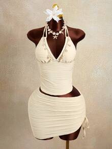 Swim Lushoire Women's Summer Vacation Apricot Wavy Shell Decor Drawstring Spaghetti Strap Camisole, Bikini Set, Beach Outfit - Apricot - View 6