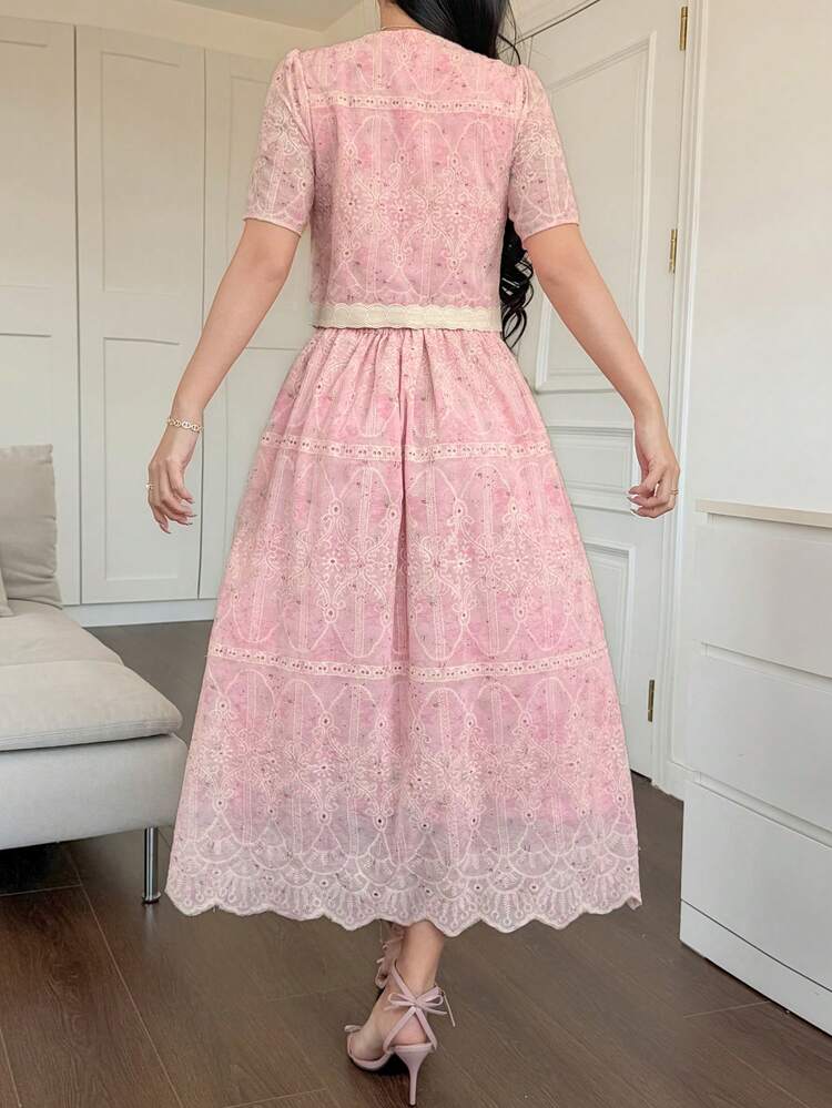 Women's Elegant Embroidered Blouse And Skirt 2 Pieces Set, Summer