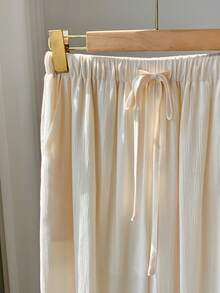 SHEIN EZwear 杏色梭织女式休闲裤，带腰带和口袋 - 杏色 - 查看 6