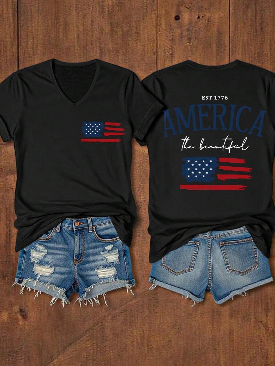 EMERY ROSE Women Summer Short Sleeve Casual T-Shirt With Letter And American Flag Print - Black - View 1