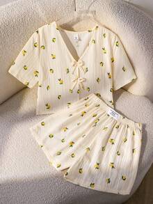 Elladie kids 2pcs/Set Teens/Girls Spring/Summer Casual Chiffon Lemon Digital Print V-Neck Loose Tee And Elastic Waist Relaxed Shorts Vacation Countryside Style Outfit - Apricot - View 8