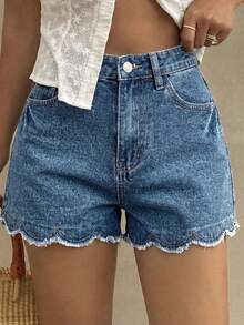 SHEIN Thời trang thiếu nữ tuổi teen, phong cách đường phố, phối đồ đa năng, kiểu dáng Y2K cổ điển, cá tính, mùa xuân hè, quần short denim thêu họa tiết sóng biển màu xanh dương mát mẻ, thích hợp mặc hàng ngày từ xuân đến hè, dự tiệc rave và phong cách đường phố. - Màu xanh lam - Xem 2