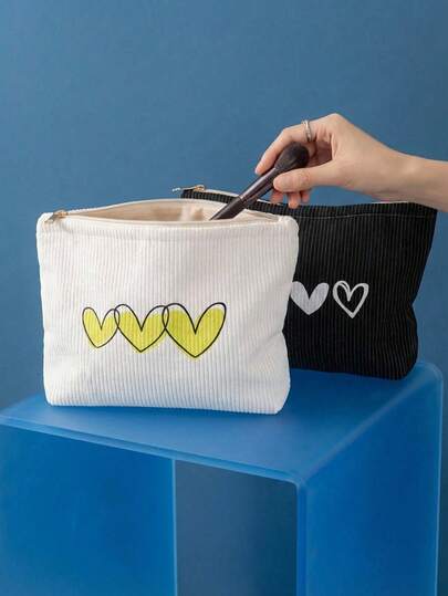 Joivida 1 pieza Bolsa de maquillaje de pana con patrón de corazón negro y blanco, ligera, con cremallera y forro, estuche de cosméticos para artículos de tocador, accesorios, organizador de viaje para hombres y mujeres