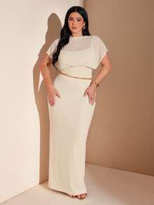 SHEIN BAE 大码女式网纱花瓣袖二合一上衣和修身长裙套装 - 米色 - 查看 1