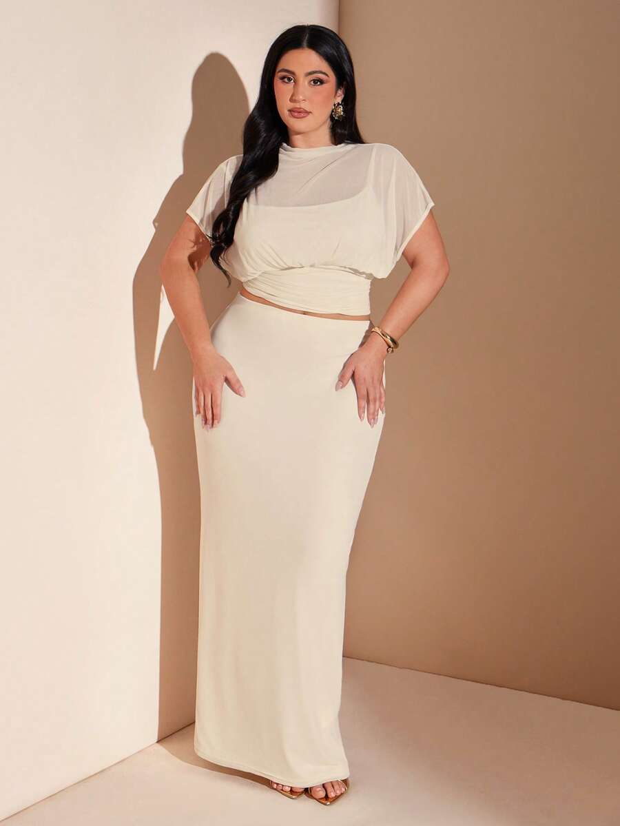 SHEIN BAE 大码女式网纱花瓣袖二合一上衣和修身长裙套装 - 米色 - 查看 1