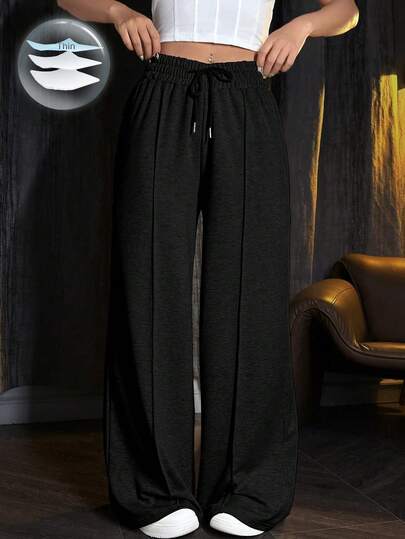 SHEIN PETITE Women's Drawstring Waist Casual Versatile Daily Wear Wide Leg Pants