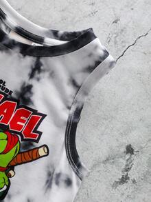 TEENAGE MUTANT NINJA TURTLES | SHEIN Áo thun cổ tròn in chữ hoạt hình, kiểu dáng thường ngày, đa năng cho bé trai. - Đen và trắng - Xem 4