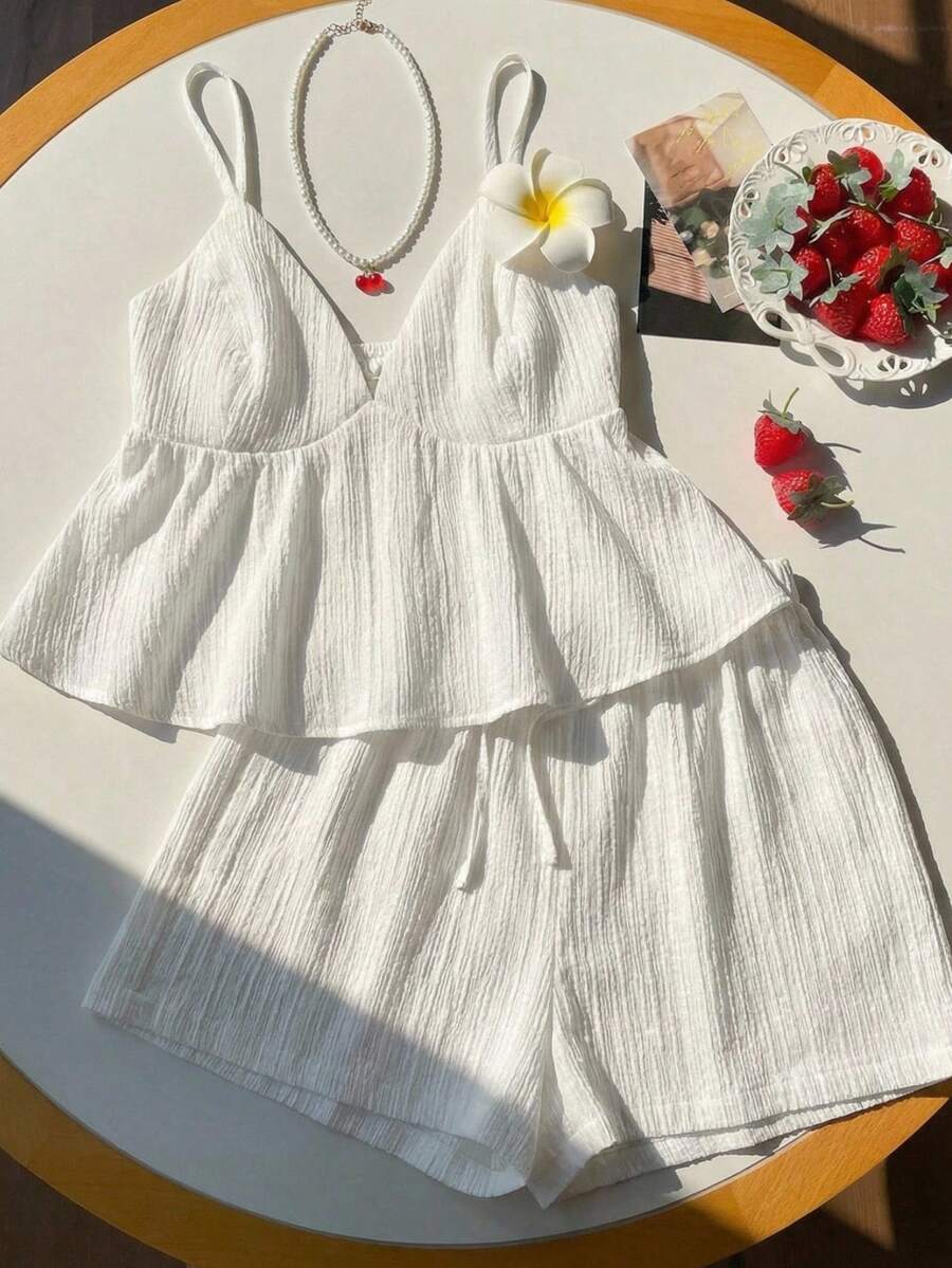SHEIN EZwear 2件套女士梭织吊带背心和短裤套装，度假装 - 白色 - 查看 1