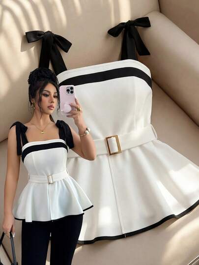 Elenzga Women's Apricot Color-Blocking Black Fabric Bow Shoulder Strap Wide Strap Design Waist Belt Big Hem Elegant Professional Outfit, Suitable For Formal Meetings, Workplace, Travel, Holiday, Street Style, Festivals, Spring/Summer New Essential Fashion Item