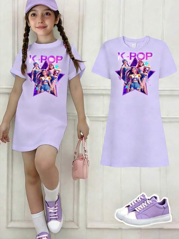 Spring And Summer Young Girls' Casual Fashionable Creative Personalized Refreshing Minimalist Cool Virtual Girl Group Pentagram Star Graphic Letter Slogan Print Casual Basic Short Sleeve T-Shirt Dress, Comfortable Outfit; Cozy Summer And Autumn Styles Suitable For Young Girls, Atmosphere-Enhancing Outfits