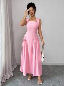 Elenzga 优雅无袖A字连衣裙，腰部褶皱设计，裙摆呈喇叭形，适合休闲、派对、度假、婚礼等各种场合，时尚粉色连衣裙 - 粉色 - 查看 3