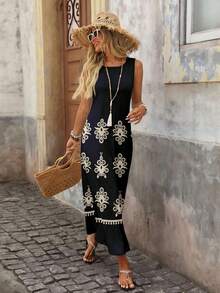 Brillora 休闲优雅女士黑白几何复古图案圆领宽松长裙 - 波西米亚风夏季度假连衣裙，适合热带岛屿婚礼、周年纪念、伴娘派对、约会之夜等场合。 - 彩色 - 查看 6