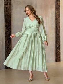 Roveilla Große Größen V-Ausschnitt Blütenärmel strukturierte geraffte Taille Midi Kleid Salbeigrün, Herbst, elegant, Hochzeitsgast französischer Stil Leinen Seidenkleid für Frauen Hochzeit - Minzgrün - Übersicht 6
