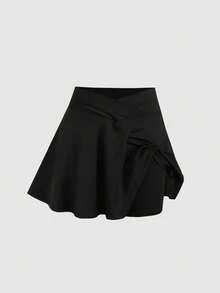 SHEIN 青少年女孩純色交叉下擺背心與裙褲運動套裝，適合戶外運動與舒適日常穿著 - 黑色 - 查看 5
