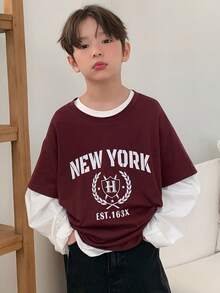 DAZY 青少年男孩字母印花仿叠层圆领长袖休闲T恤 - 酒紅色 - 查看 7