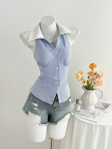 Elamini 女士蓝色条纹无袖衬衫，百搭时尚，适合日常、约会、海滩旅行、街头风、春夏穿着。 - 藍色 - 查看 7