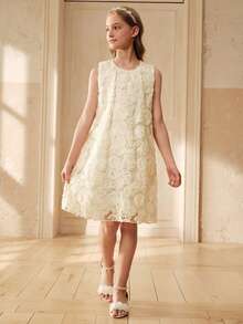 SHEIN Tween Girl Summer Casual Fashionable Sleeveless Floral Textured A-Line Dress - Apricot - View 7